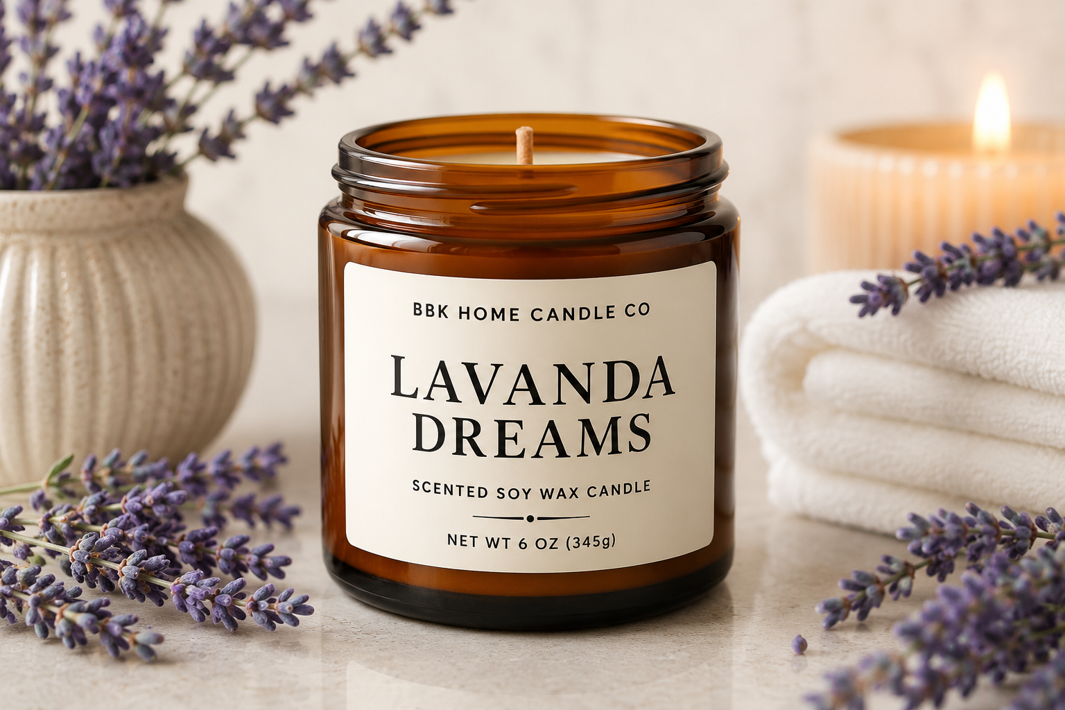 Lavanda Dreams Candle – Amber Glass – 6 oz