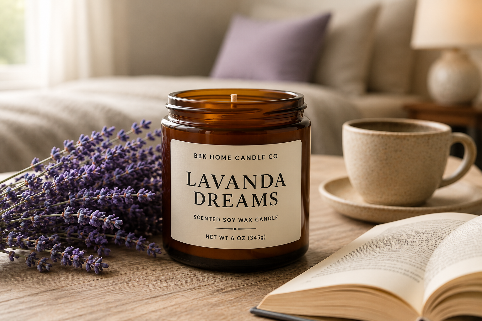 Lavanda Dreams Candle – Amber Glass – 6 oz