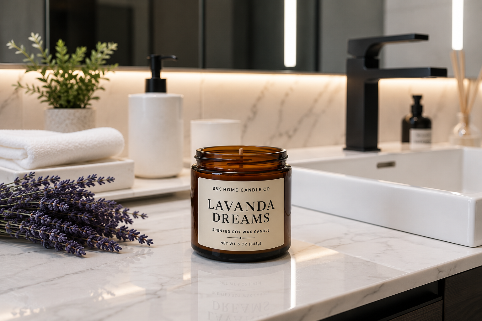 Lavanda Dreams Candle – Amber Glass – 6 oz